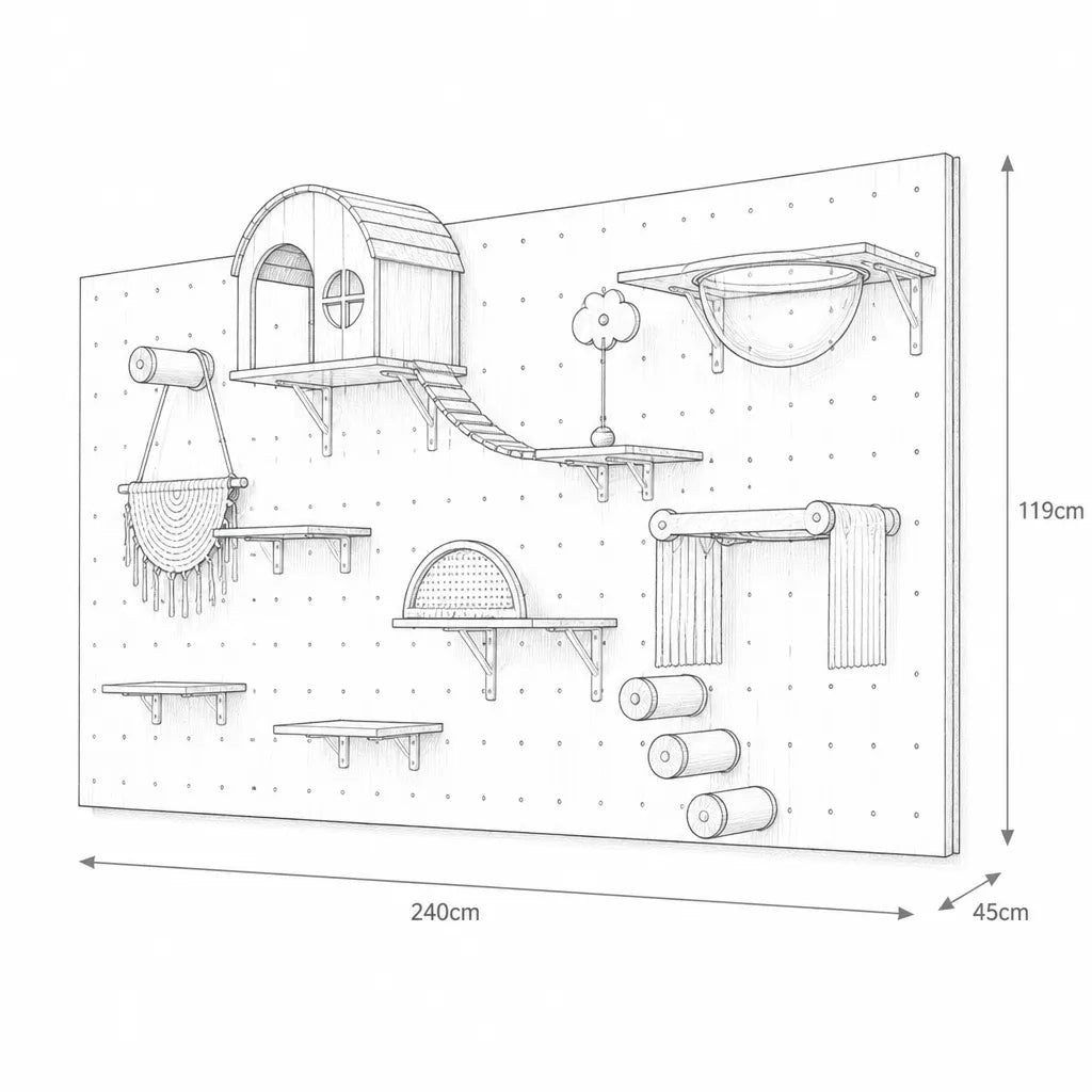 Air Paradise kattenklimmeubel – maattekening met afmetingen 240x120x45 cm, inclusief alle onderdelen zoals kattenhuis, klimplateaus en krabpaal