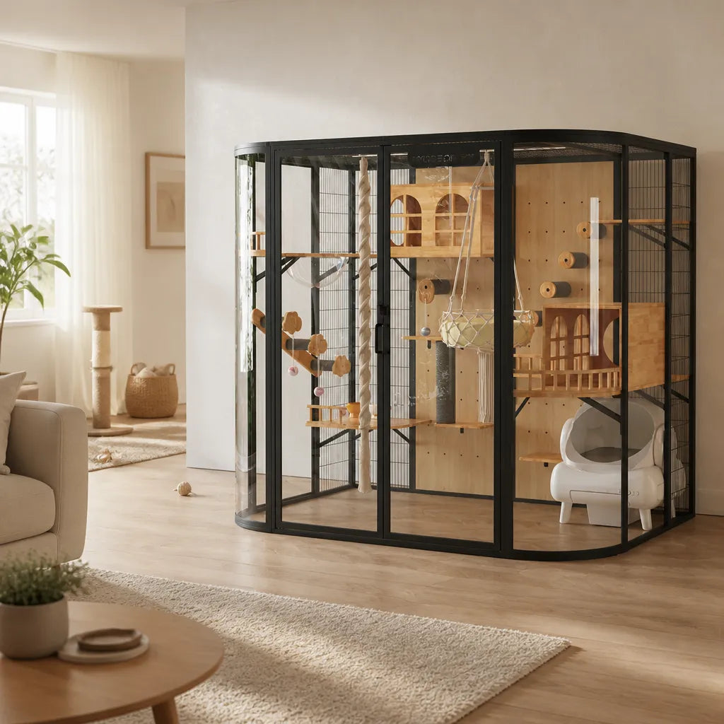 Australis kattenvilla – vooraanzicht met zwart metalen frame en glazen wanden