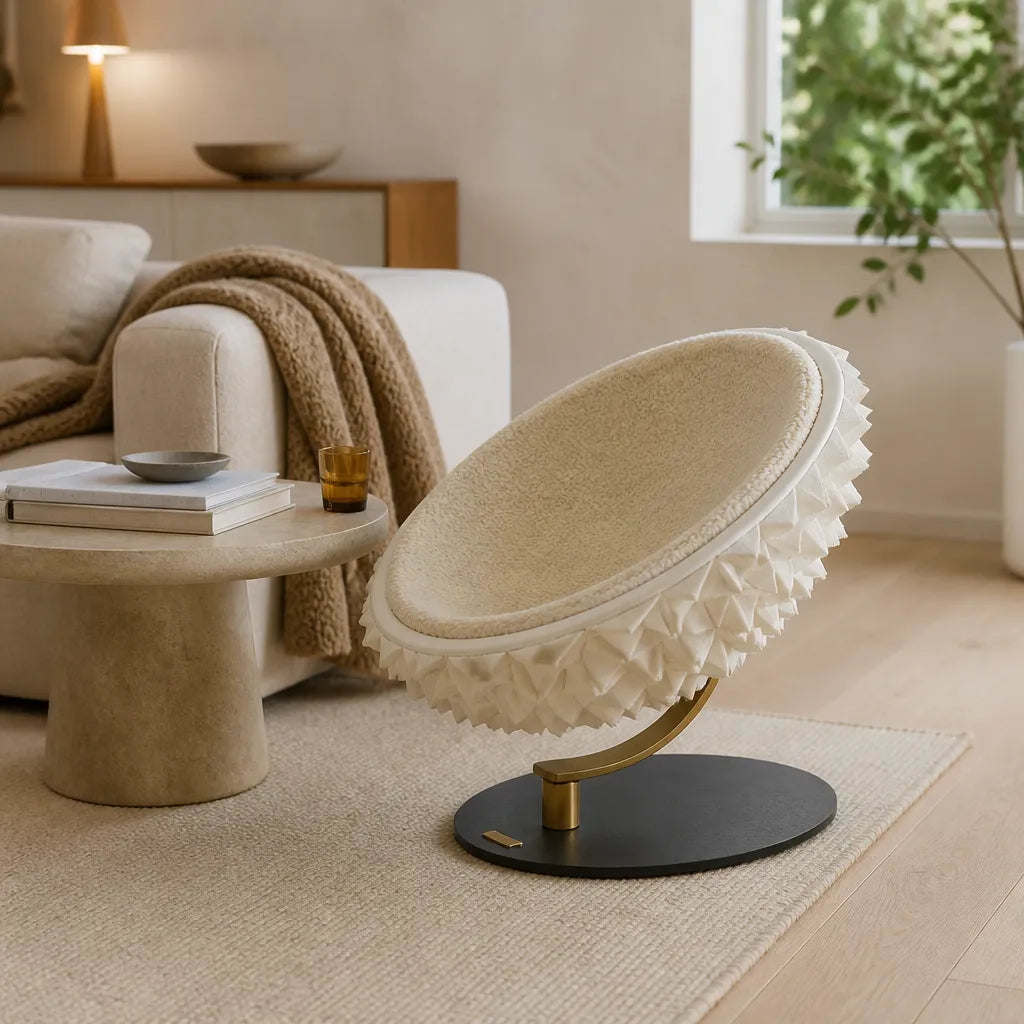 Durians Cat Nest wit in luxe woonkamer — design kattenmand gestyled in Scandinavisch interieur | Pelveta